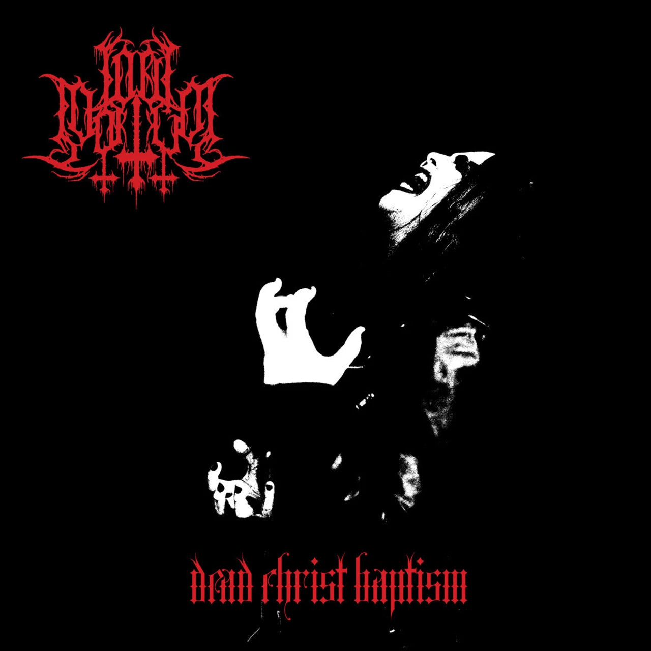 Black and white album cover with gothic text and a shadowed figure.