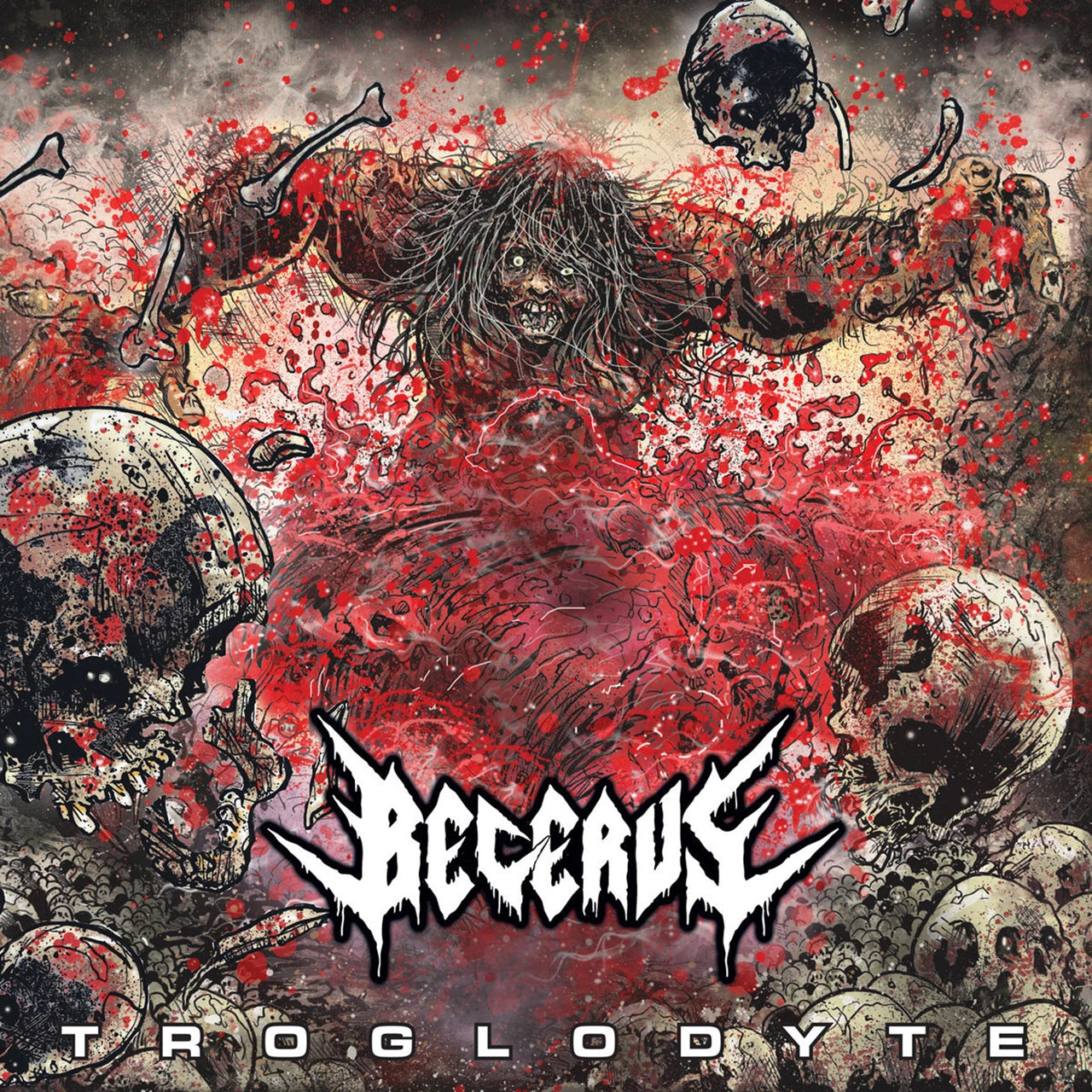 CD cover for "Troglodyte" by Becerus, featuring a monstrous figure and skulls.