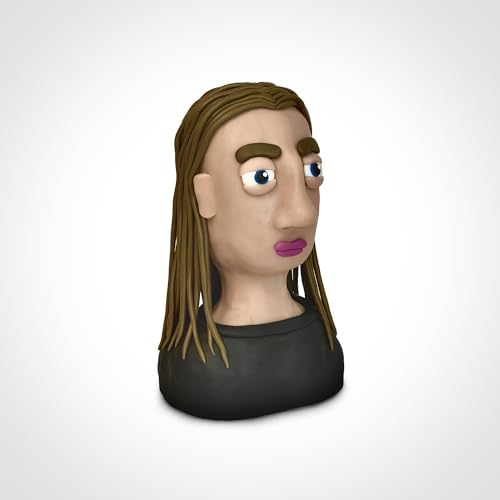 3D claymation portrait of a person with long brown hair and blue eyes.