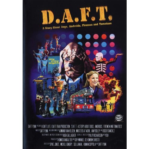 DVD cover for "D.A.F.T.", featuring a dog, robots, and firefighters.