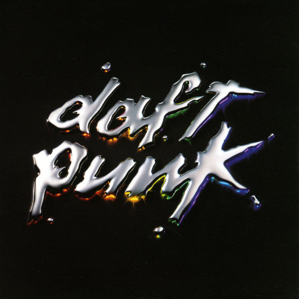 Daft Punk's "Discovery" album cover with iridescent, liquid-like lettering.
