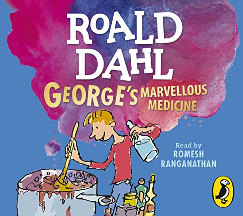 Book cover: "George's Marvellous Medicine" with a boy and bubbling potion.