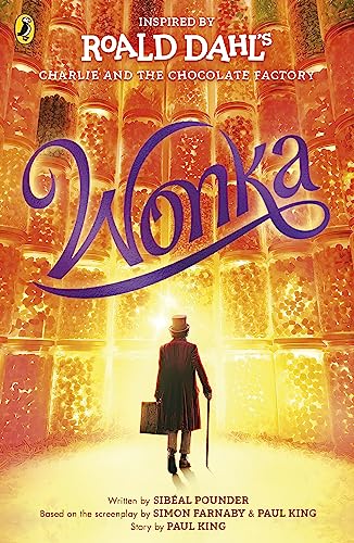 Book cover for "Wonka" featuring a figure walking towards a golden doorway.