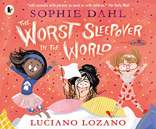 Book cover: three cartoon girls in pajamas amidst scattered pillows and confetti.