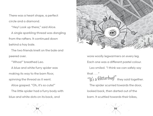 Illustration from “Pixie Magic” book showing a colorful, fuzzy spider in a barn.