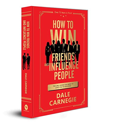 Red book cover with gold text and silhouettes of people by Dale Carnegie.