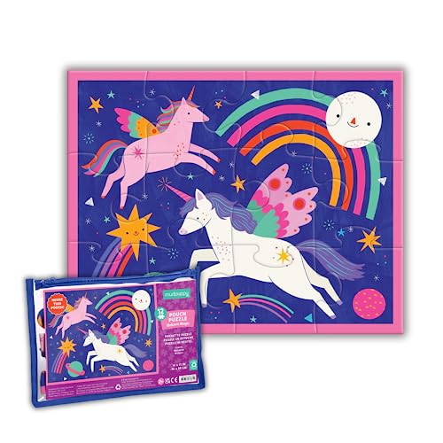 Completed unicorn and rainbow jigsaw puzzle with its packaging shown beside it.