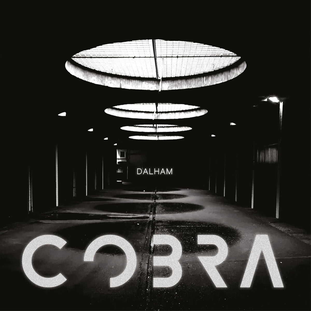 Black and white album cover for Dalham’s “Cobra” with tunnel imagery.