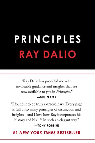 Book cover for Principles by Ray Dalio with white text on black and white.