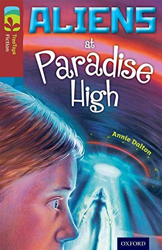 Book cover: "Aliens at Paradise High" with a girl and UFO.
