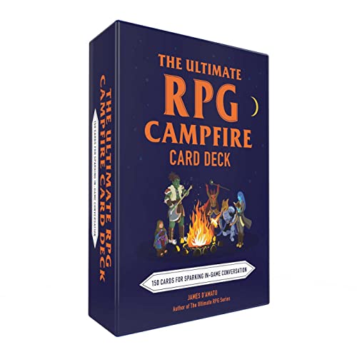 Blue RPG campfire card deck box with illustrated characters around a fire.
