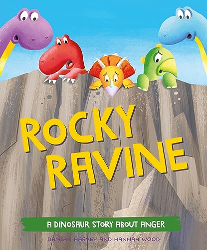 Book cover with colorful cartoon dinosaurs on a rocky landscape.