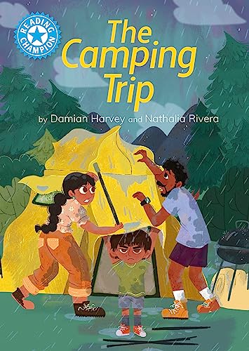 Children sheltering under a yellow tent during a rainy camping trip.