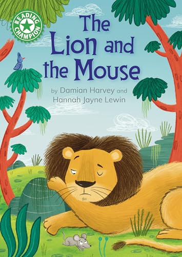 Book cover illustration showing a lion lying down and a small mouse in a forest.