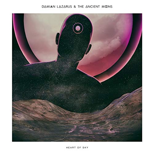 Abstract silhouette against cosmic background with moon, titled "Damian Lazarus & The Ancient Moons."