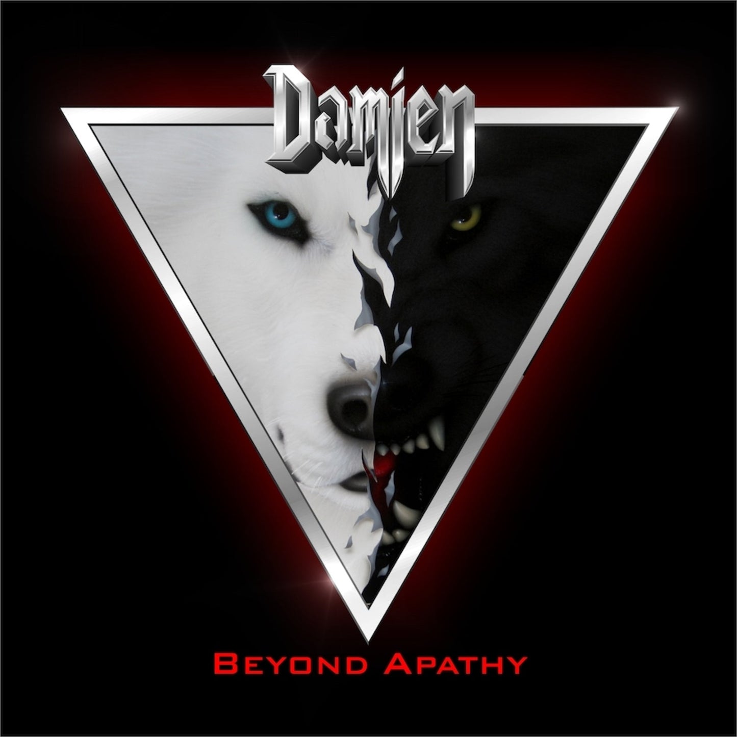 CD cover: “Damien - Beyond Apathy” with wolf and triangle design.