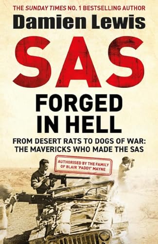 Book cover: "SAS Forged in Hell" by Damien Lewis, with soldiers and vehicles.