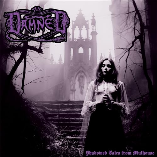 A woman in a white dress stands before a gothic building in a dark forest.