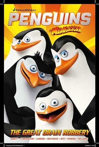 Four cartoon penguins from Madagascar against a yellow sunburst background with book title text.
