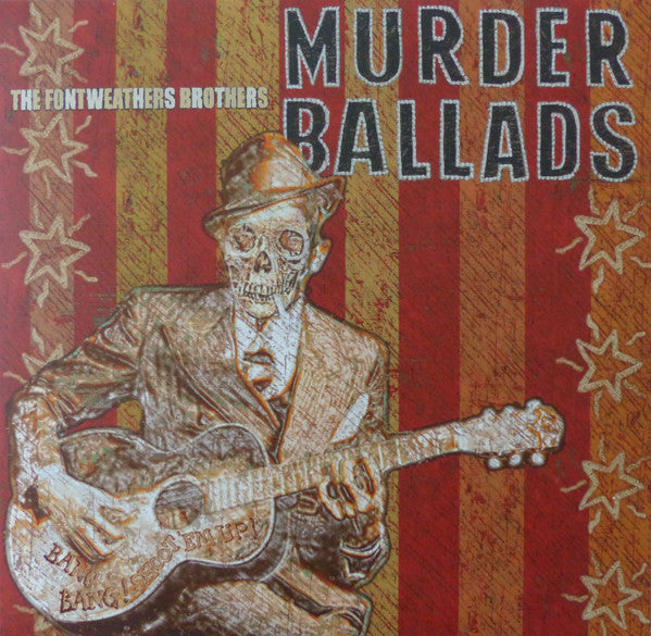 Album cover featuring a skeleton in a suit playing guitar against striped background.