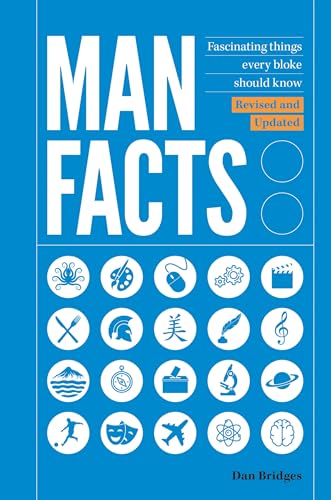 Blue book cover with white "MAN FACTS" title and various small icons.