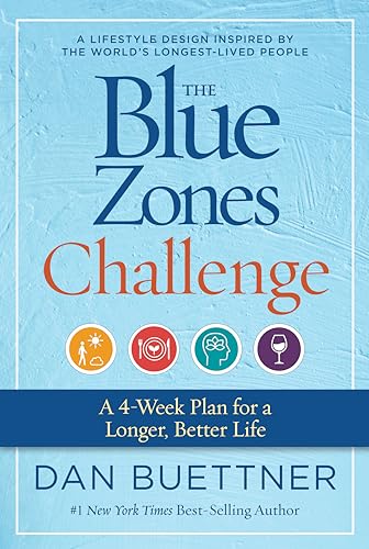 Book cover for "The Blue Zones Challenge" with icons and author name.