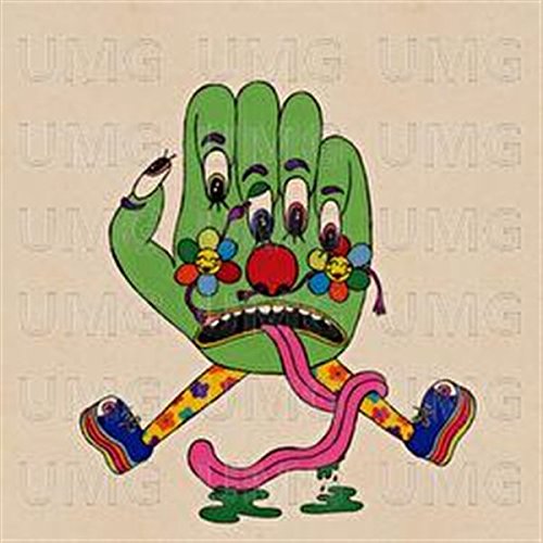 Green hand cartoon with eyes, flowers, and a long pink tongue.