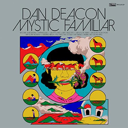 CD cover for Dan Deacon’s “Mystic Familiar” featuring colorful, surreal illustration.