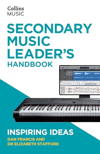Blue book cover with keyboard and music software image, titled "Secondary Music Leader's Handbook".