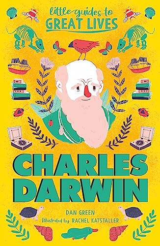 Illustrated book cover featuring Charles Darwin with natural history motifs.