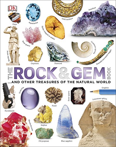 "Book cover featuring various rocks, gems, and minerals with title 'The Rock & Gem Book'."