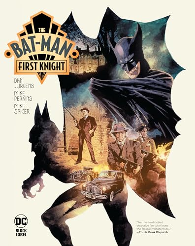 Batman stands over 1920s Gotham with gangsters and vintage cars.