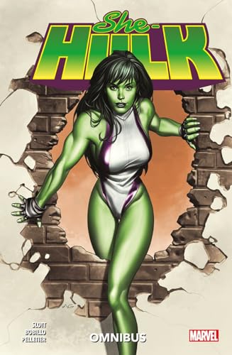She-Hulk bursts through a brick wall on the cover of her omnibus collection.
