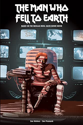 Graphic novel cover featuring a striped figure seated before many televisions.