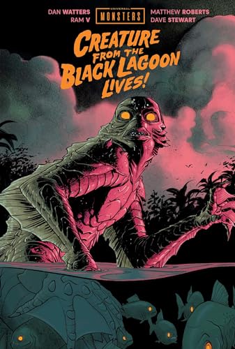 Creature with glowing eyes and sharp claws emerges from dark water amidst tropical vegetation.
