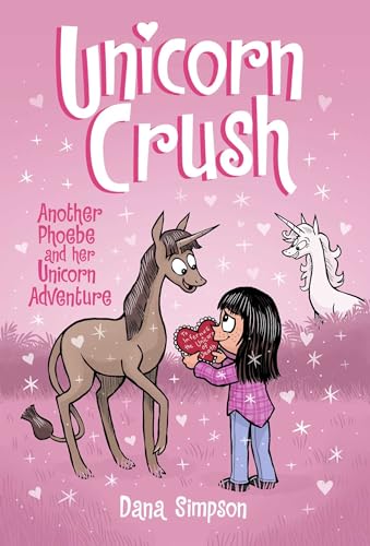 A girl gives a heart-shaped card to a unicorn on a pink, sparkly background.