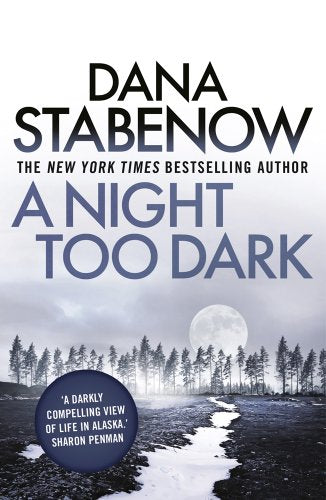 Book cover: "A Night Too Dark" with snowy landscape and full moon.