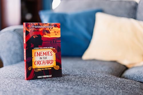Book cover for “Enemies in the Orchard” on a gray couch.
