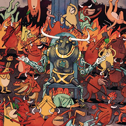 The image depicts a cartoon illustration of a bull surrounded by chaos. For accessibility purposes, a suitable alt text could be: "Colorful cartoon illustration of a bull on a throne surrounded by demons."