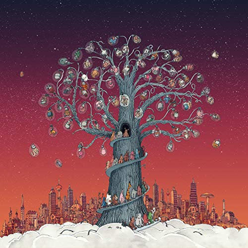 Colorful tree with animals and cityscape background on "Dance Gavin Dance - Artificial Selection" CD cover.