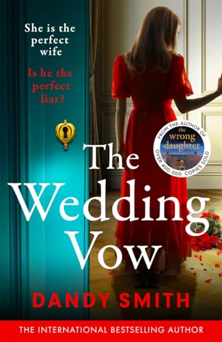 Book cover: woman in red dress, keyhole, and title “The Wedding Vow”.