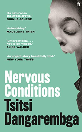 Book cover: “Nervous Conditions” by Tsitsi Dangarembga, portrait and teal background.