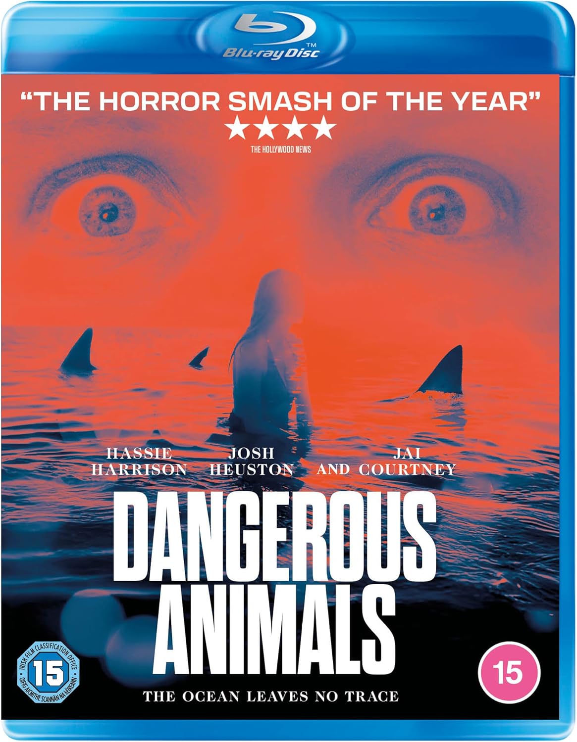 Blu-ray cover for Dangerous Animals showing a person in water with shark fins nearby.