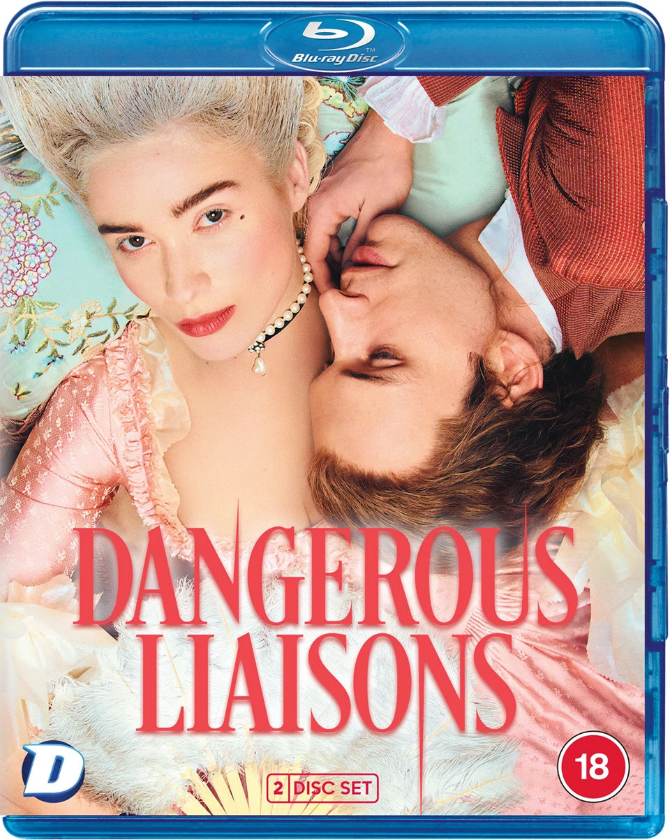 Blu-ray cover for "Dangerous Liaisons" featuring two figures in 18th-century attire.