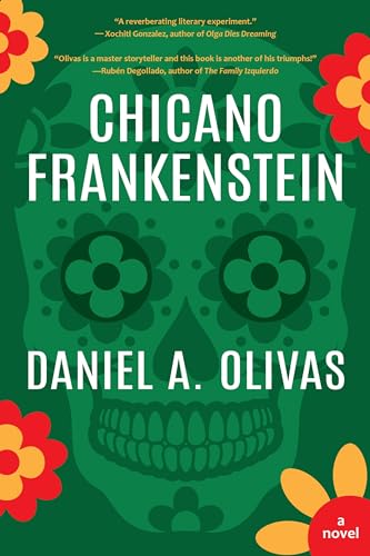 Green skull with floral designs, book cover for "Chicano Frankenstein.