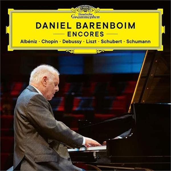 Daniel Barenboim at a grand piano, album cover for “Encores” CD.
