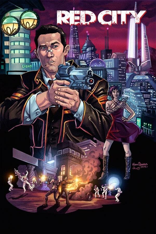Comic book cover: man with gun, city skyline, red and purple tones.