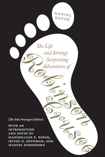 Book cover: large white footprint with title “The Life and Strange Surprizing Adventures of Robinson Crusoe.”