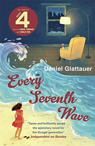 Book cover: a large wave, a woman on a beach, and a room interior.