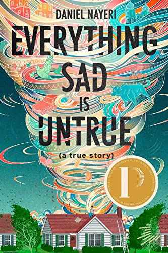 Book cover with a swirling, colorful tornado illustration above a house and the title.